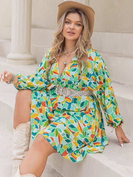 Green Floral Surplice Long Sleeve Mini Dress+