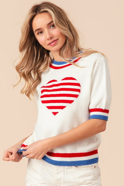 USA Collection Striped Heart Short Sleeve Sweater