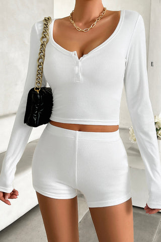 Scoop Neck Long Sleeve Top and Shorts Set