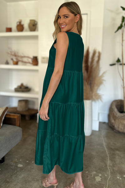 Green V-Neck Tiered Midi Dress