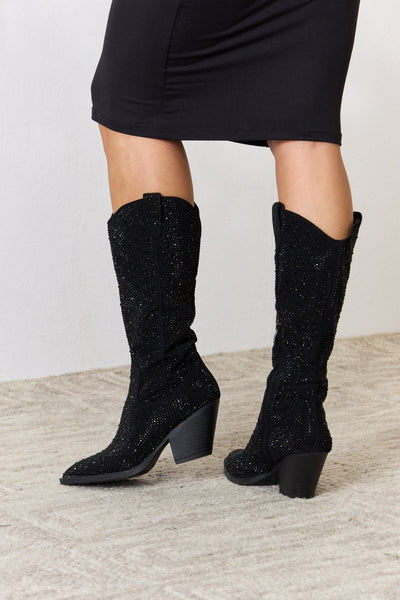 Black Rhinestone Knee High Cowboy Boots