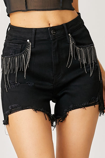 Frayed Hem Denim Shorts with Fringe Detail