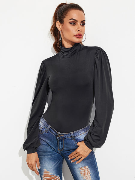 Backless Turtleneck Lantern Sleeve Bodysuit