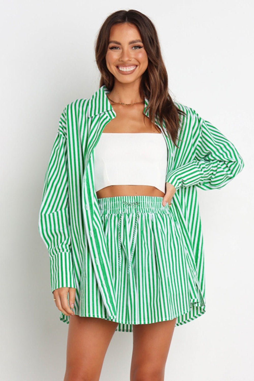 Striped Dropped Shoulder Shirt and Shorts Set