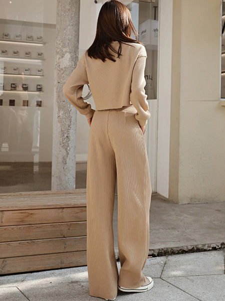 Waffle Knit Round Neck Top and Pants Set