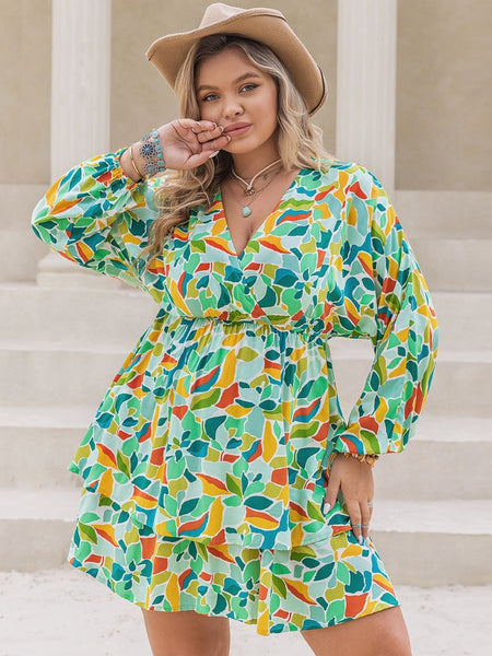 Green Floral Surplice Long Sleeve Mini Dress+