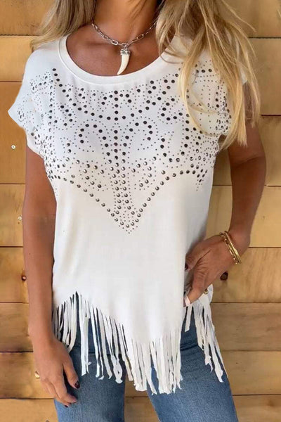 Studded Fringe Cap Sleeve T-Shirt+