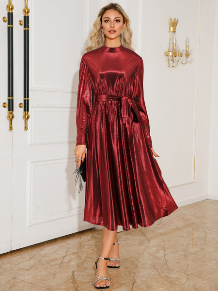 Metallic Tie Waist Long Sleeve Midi Dress