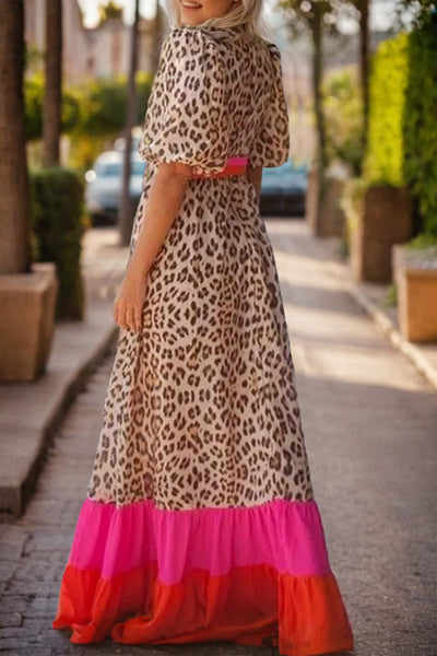 Leopard V-Neck Half Sleeve Maxi Dress+