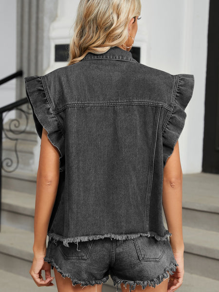 Raw Hem Ruffle Cap Sleeve Denim Jacket