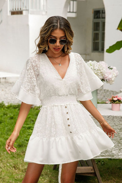 White Lace Surplice Button Down Dress