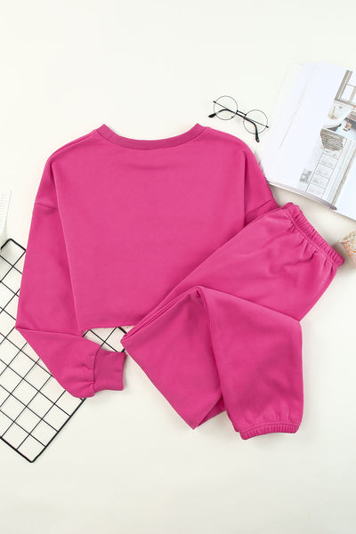 Hot Pink Long Sleeve Cropped Top and Pants Set