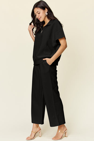 Two-Piece Textured Half Zip Top and Pants Set+