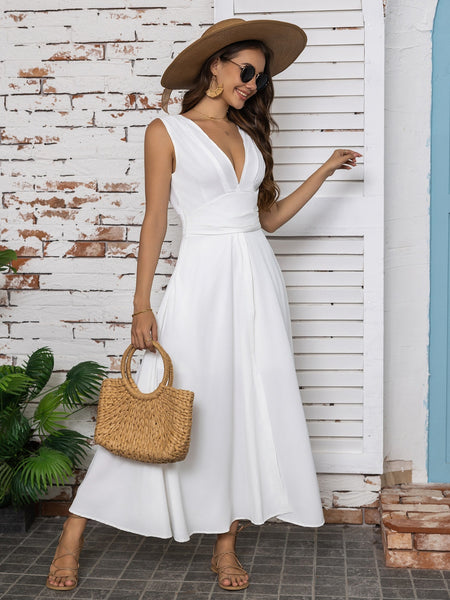 V-Neck Sleeveless Midi Dress