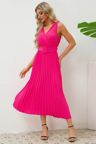 Pleated Surplice Belted Midi Dress