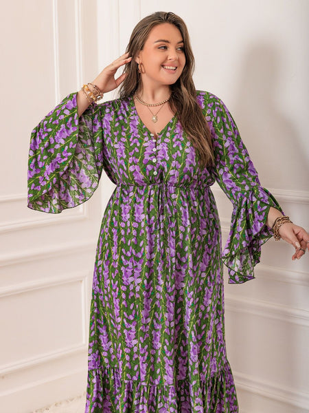 Floral V-Neck Long Sleeve Maxi Dress+