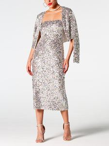 Silver Sequins Cardigan and Midi Dress Set