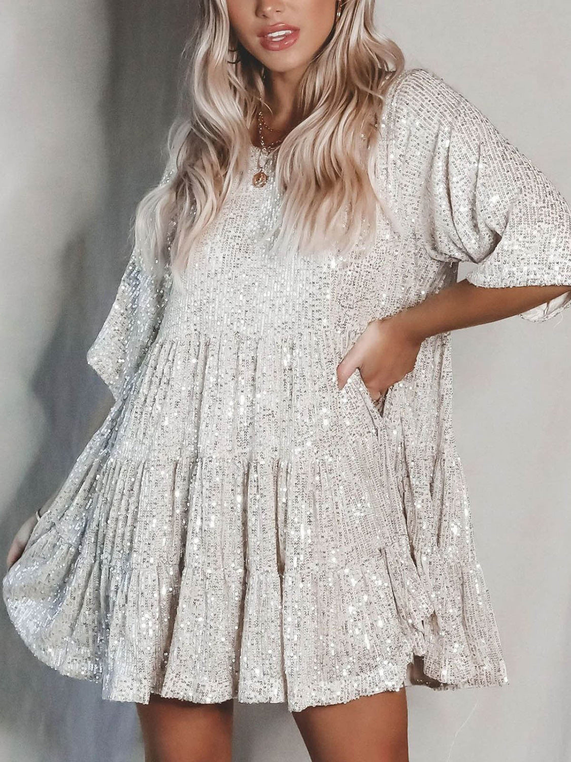 Sequin Half Sleeve Babydoll Dress