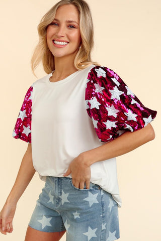 USA Collection Star Sequin Bubble Sleeve Top