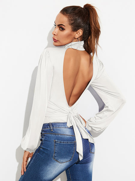 Backless Turtleneck Lantern Sleeve Bodysuit