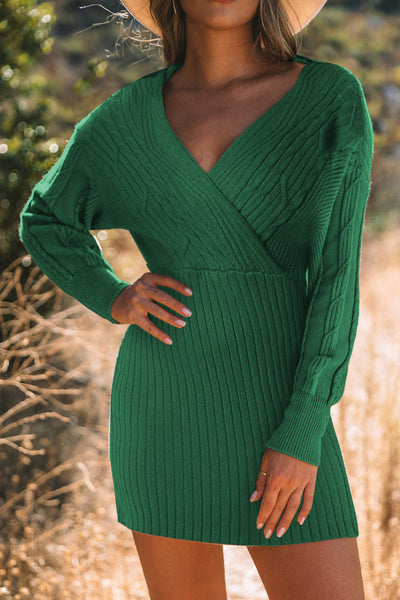 Green Cable-Knit Lantern Sleeve Sweater Dress