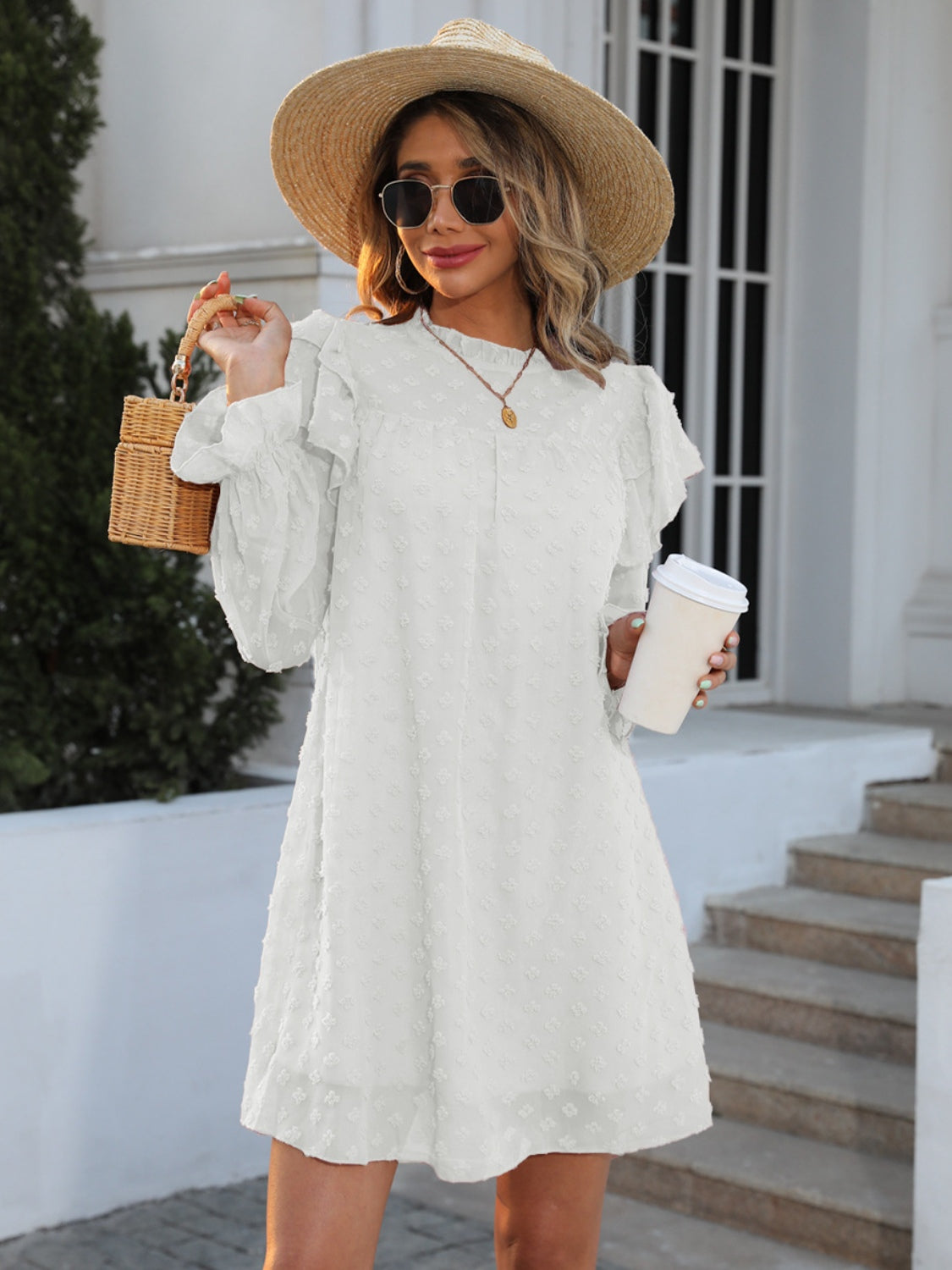 Ivory Swiss Dot Flounce Sleeve Dress