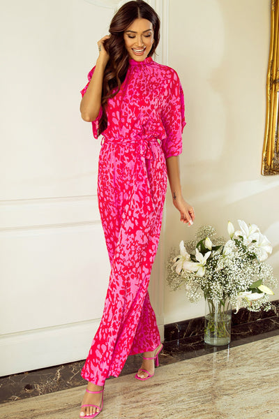 Hot Pink Mock Neck Kimono Sleeve Jumpsuit