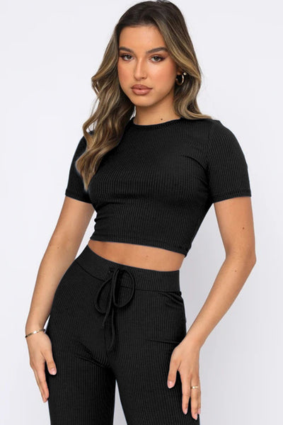 Short Sleeve Crop Top and Drawstring Pants Set