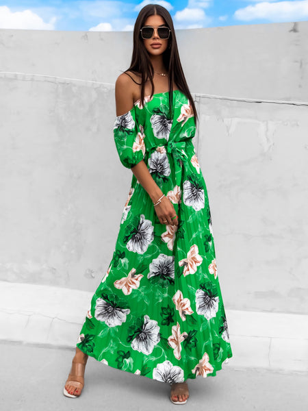 Pleated Floral Off-Shoulder Midi Dress