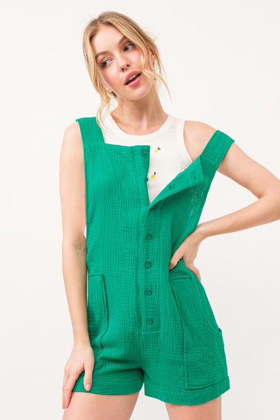 Green Button Up Sleeveless Romper