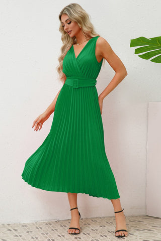 Pleated Surplice Belted Midi Dress