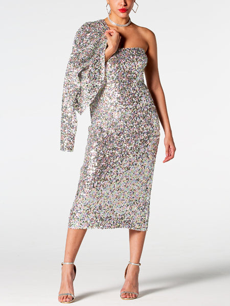 Silver Sequins Cardigan and Midi Dress Set