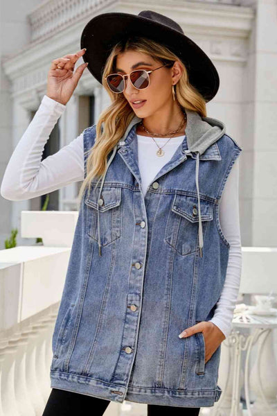 Drawstring Hooded Sleeveless Long Denim Vest