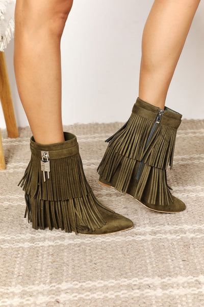 Olive Tassel Wedge Heel Ankle Booties