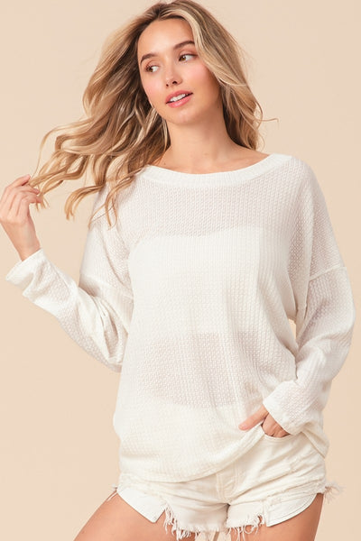 White Waffled Backless Drawstring Long Sleeve Top