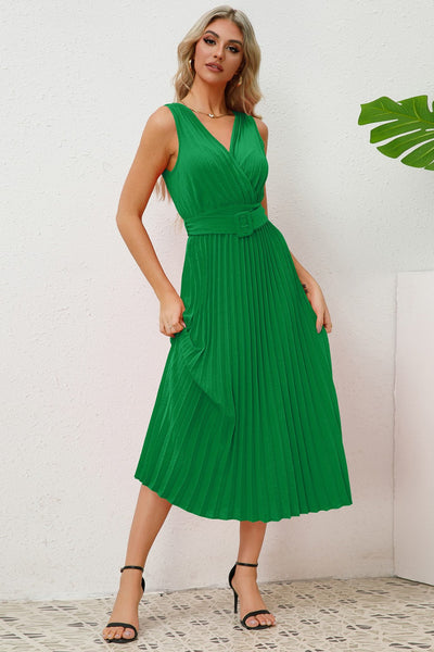 Pleated Surplice Belted Midi Dress