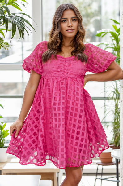 Pink Balloon Sleeve Flare Dress