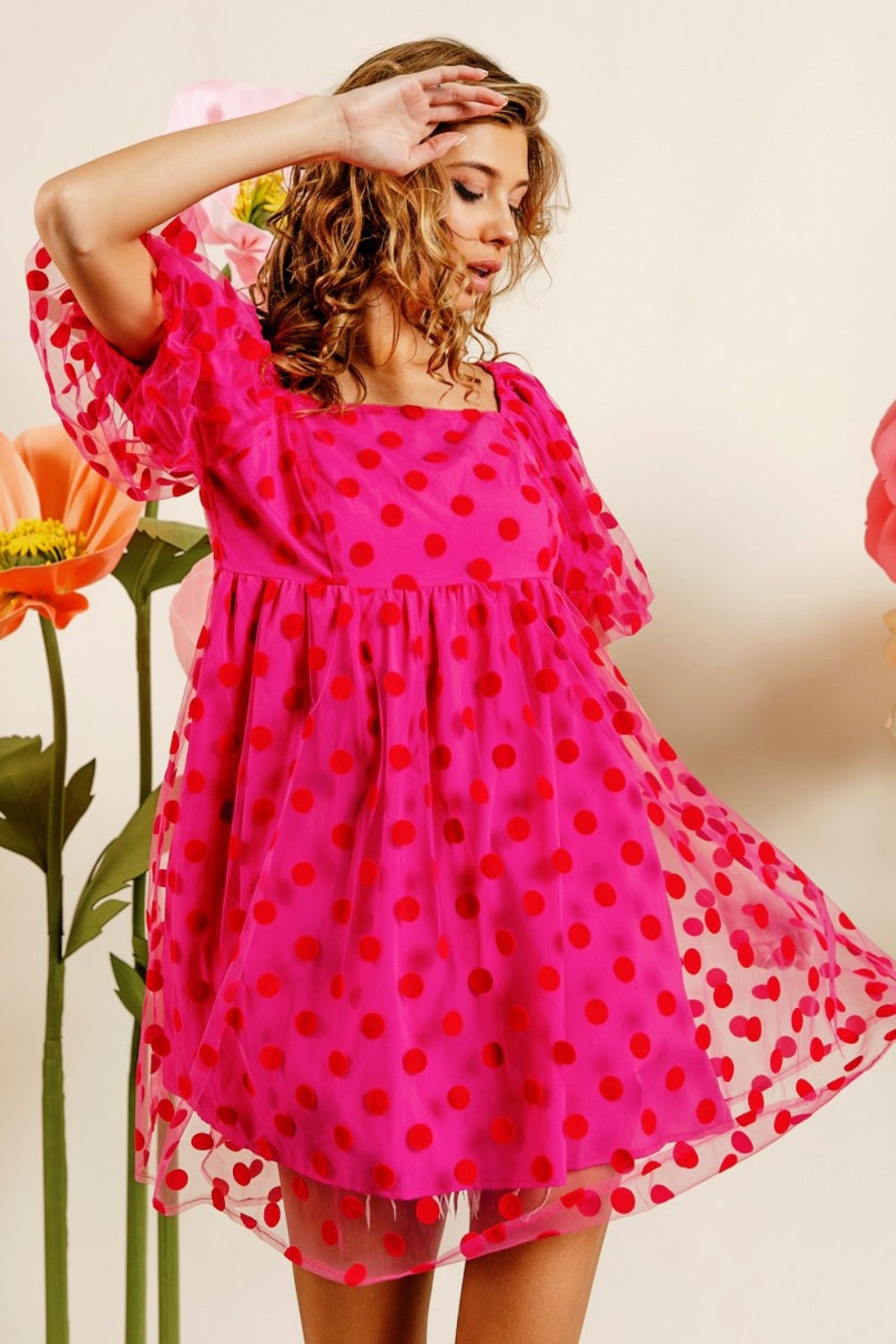 Hot Pink Polka Dot Puff Sleeve Dress