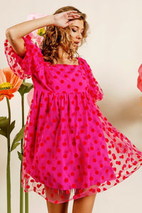 Hot Pink Polka Dot Puff Sleeve Dress