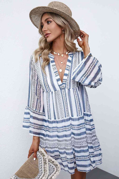 Abstract Notched Neck Tiered Dress