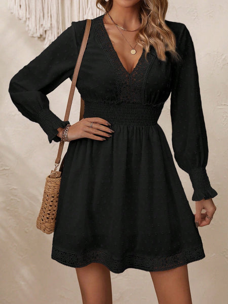 Lace V-Neck Long Sleeve Dress