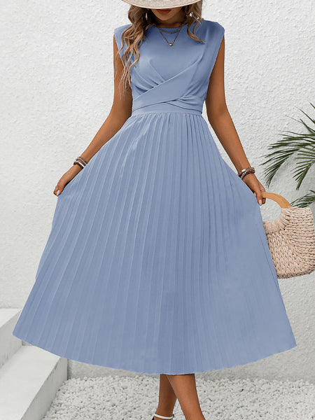 Light Blue Pleated Cap Sleeve Dress