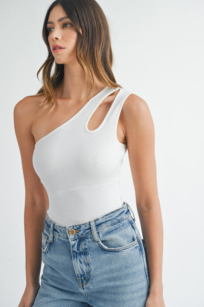 One Shoulder Ribbed Cutout Bodysuit