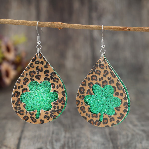 Leopard & Clover Leather Teardrop Earrings