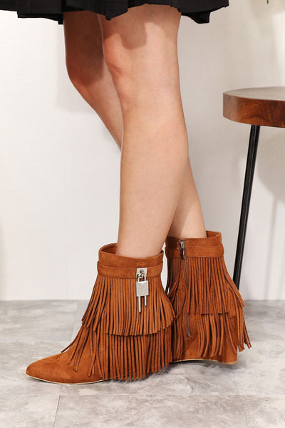 Caramel Tassel Wedge Heel Ankle Booties