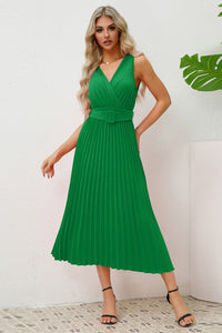 Pleated Surplice Belted Midi Dress