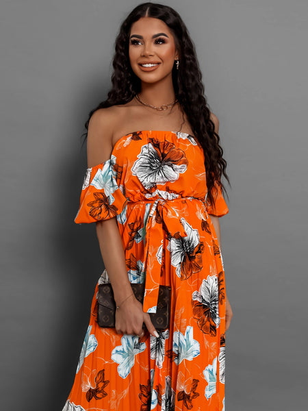 Pleated Floral Off-Shoulder Midi Dress