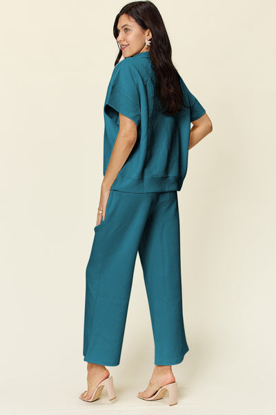 Two-Piece Textured Half Zip Top and Pants Set+