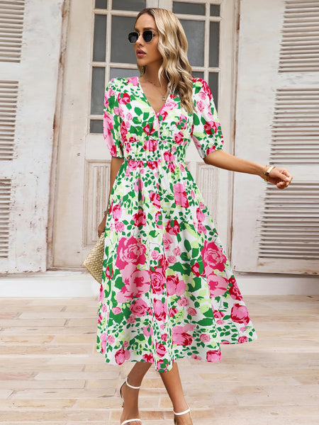 Floral Short Sleeve Midi Dress