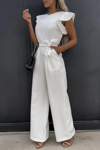 Ruffled Round Neck Cap Sleeve Jumpsuit